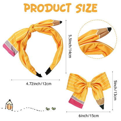 2Pcs Back to School Pencil Bow Hair Clips Headband Accessories Set | Pencil Shape, Yellow, Cute Bow Clips, Headband, Back to School, First Day, Adjustable Universal Fit, Students Teacher Gift