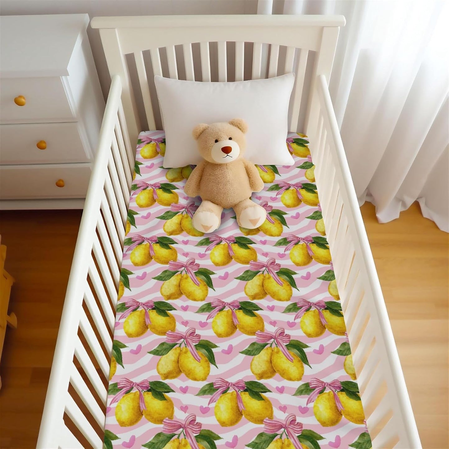 Cute Lemons Bows Stripes Pink Baby Crib Sheets for Boy Girl 52x28Inch Yellow Lemon Heart Baby Sheet for Standard Crib and Toddler Bed Mattress Nursery Summer Fruit Bed Mattress Sheets
