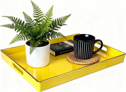 Decorative Plastic Serving Tray with Handles, Modern Vanity Organizer for Bathroom, Kitchen, Ottoman and Coffee Table (Yellow, Rectangular)