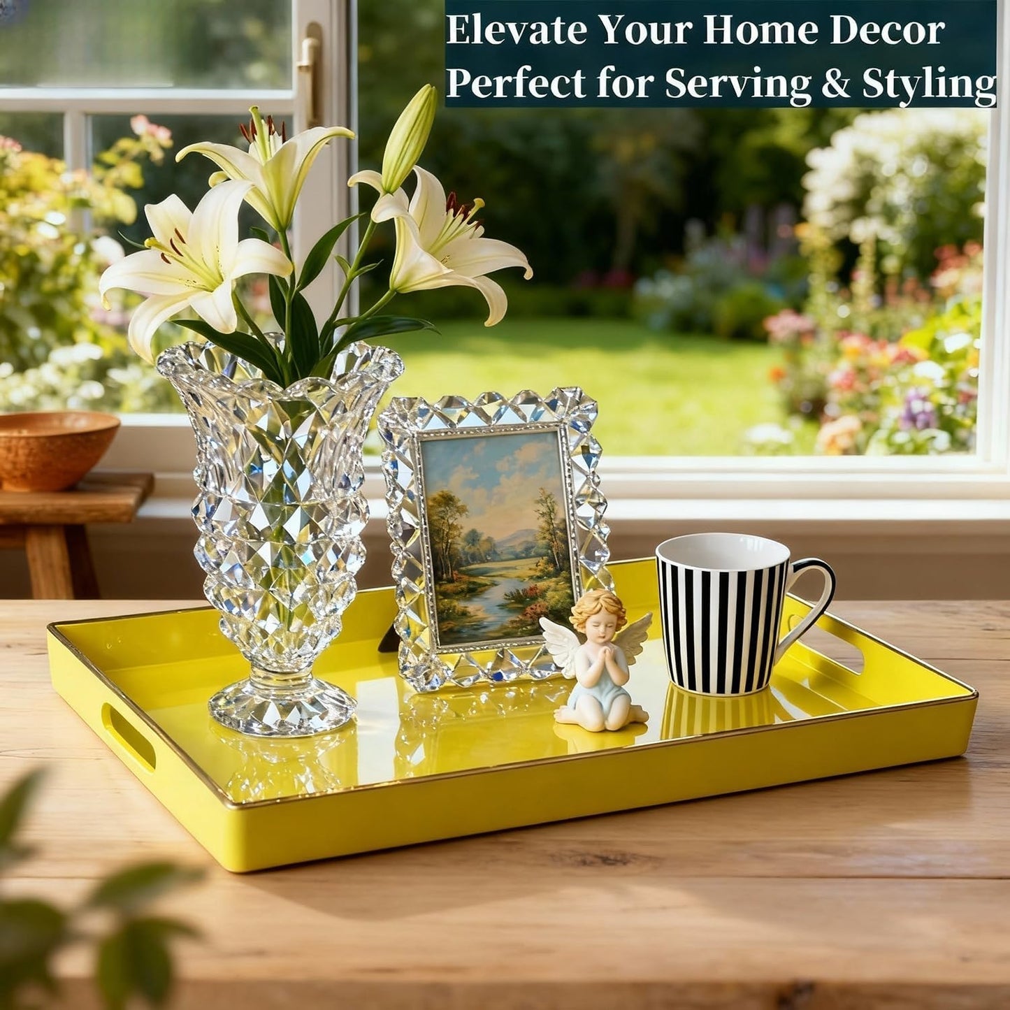 Decorative Plastic Serving Tray with Handles, Modern Vanity Organizer for Bathroom, Kitchen, Ottoman and Coffee Table (Yellow, Rectangular)