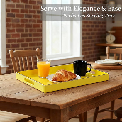 Decorative Plastic Serving Tray with Handles, Modern Vanity Organizer for Bathroom, Kitchen, Ottoman and Coffee Table (Yellow, Rectangular)
