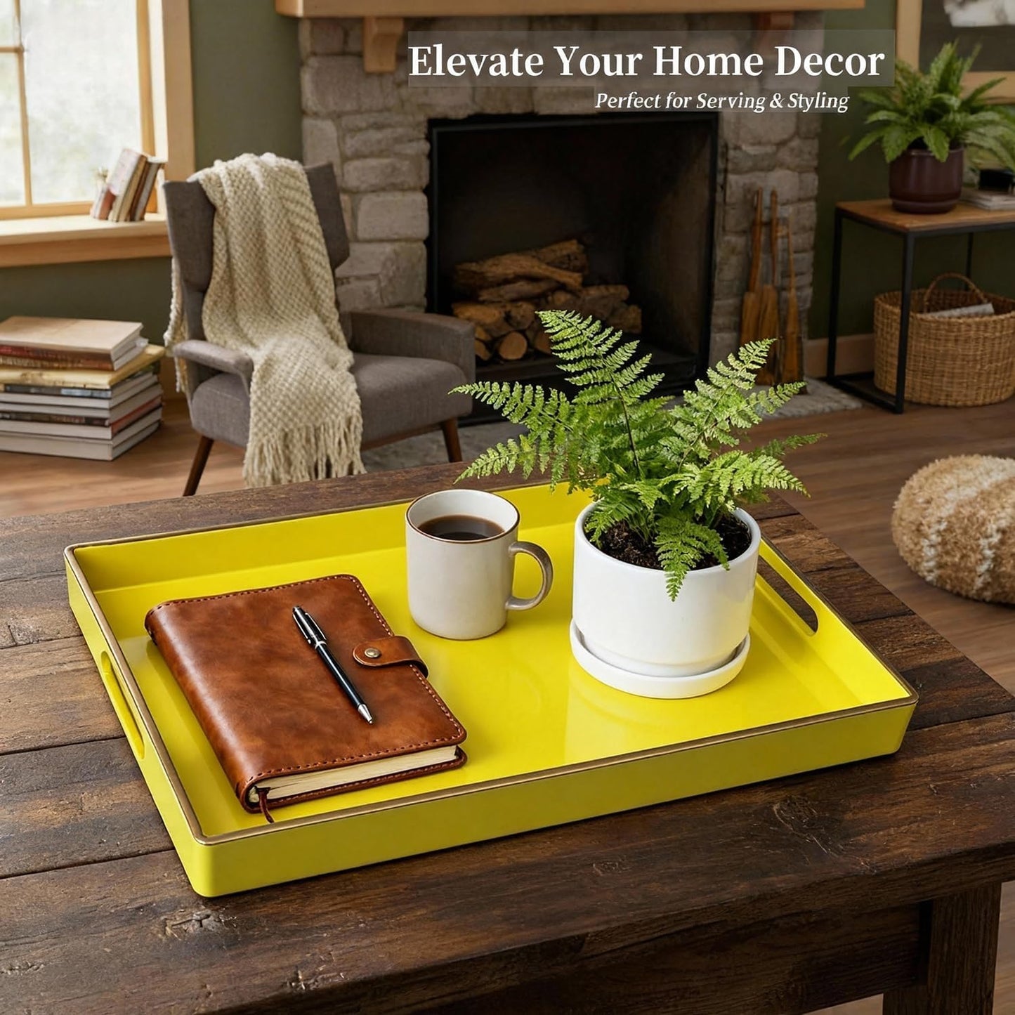 Decorative Plastic Serving Tray with Handles, Modern Vanity Organizer for Bathroom, Kitchen, Ottoman and Coffee Table (Yellow, Rectangular)