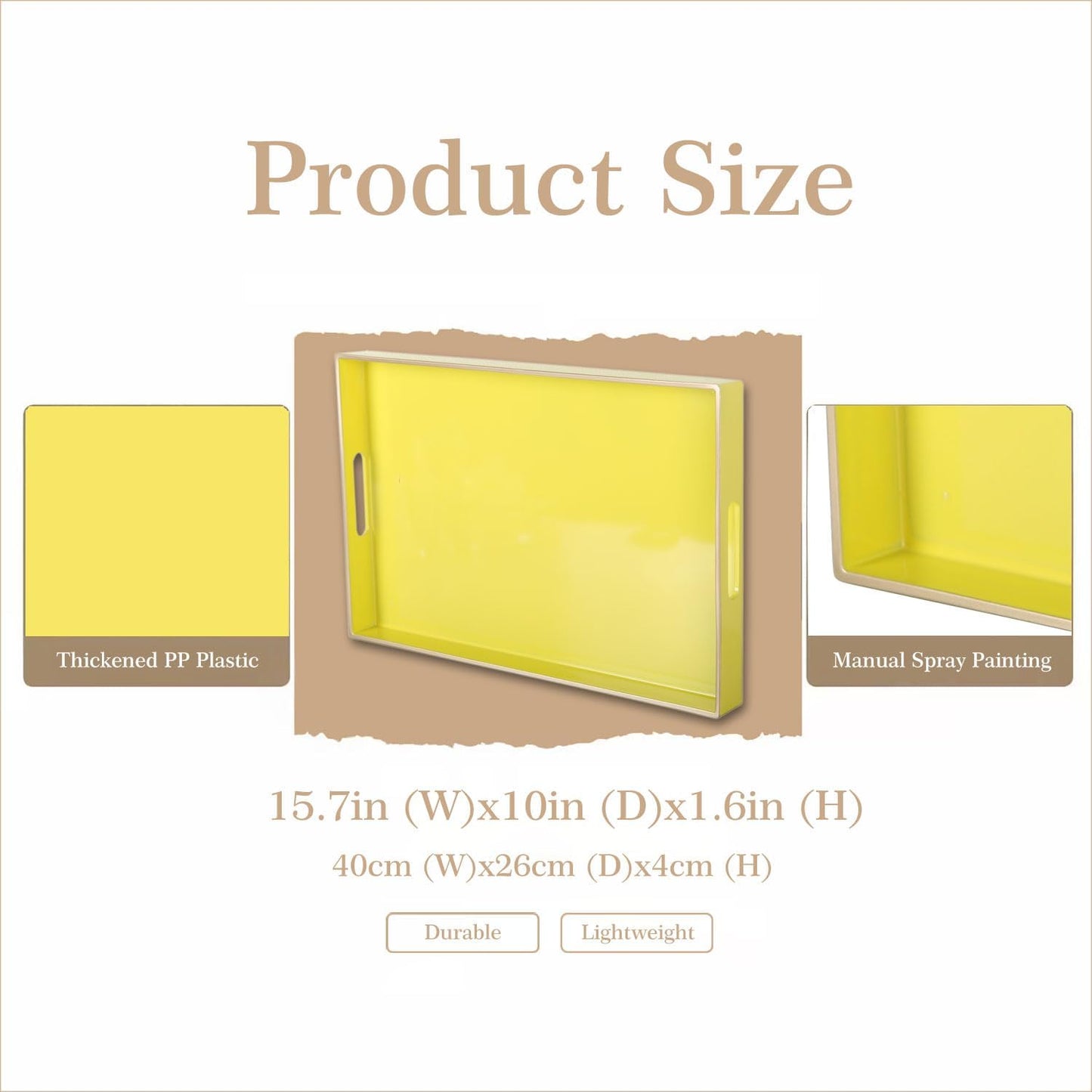 Decorative Plastic Serving Tray with Handles, Modern Vanity Organizer for Bathroom, Kitchen, Ottoman and Coffee Table (Yellow, Rectangular)