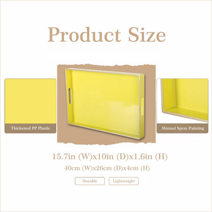 Decorative Plastic Serving Tray with Handles, Modern Vanity Organizer for Bathroom, Kitchen, Ottoman and Coffee Table (Yellow, Rectangular)