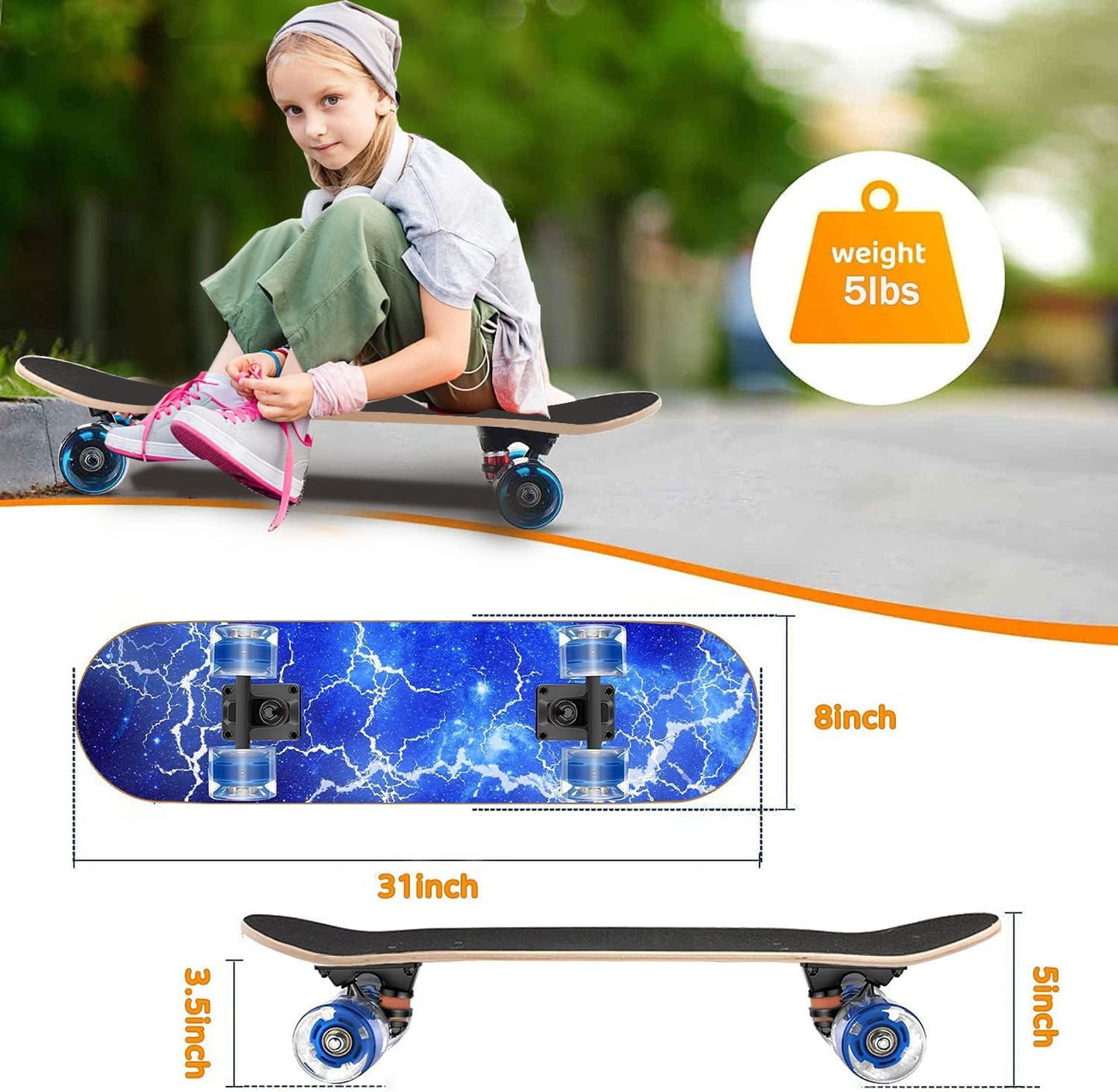 Skateboards with Colorful Flashing Wheels for Beginners,Kids,Teens,Adults, Complete Standard Skate Boards 9 Layer Canadian Maple Deck Concave Skateboard