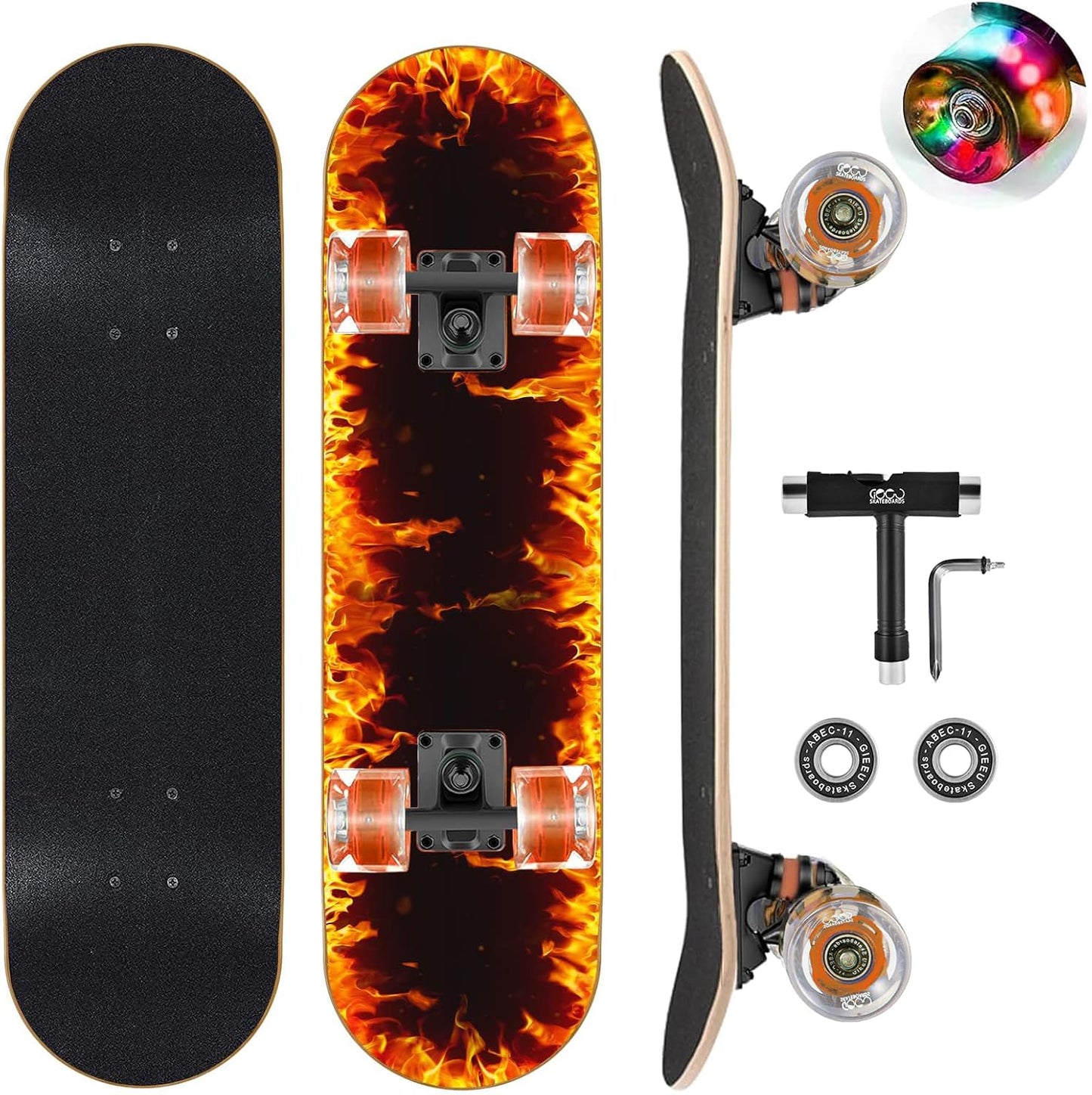 Skateboards with Colorful Flashing Wheels for Beginners,Kids,Teens,Adults, Complete Standard Skate Boards 9 Layer Canadian Maple Deck Concave Skateboard