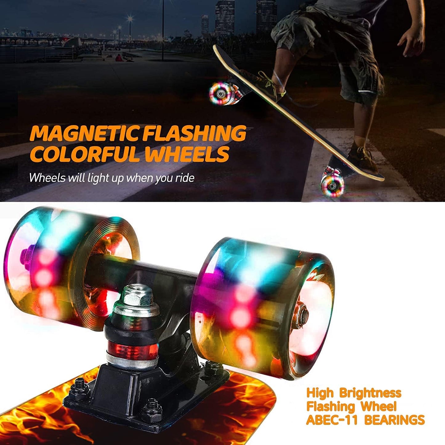 Skateboards with Colorful Flashing Wheels for Beginners,Kids,Teens,Adults, Complete Standard Skate Boards 9 Layer Canadian Maple Deck Concave Skateboard