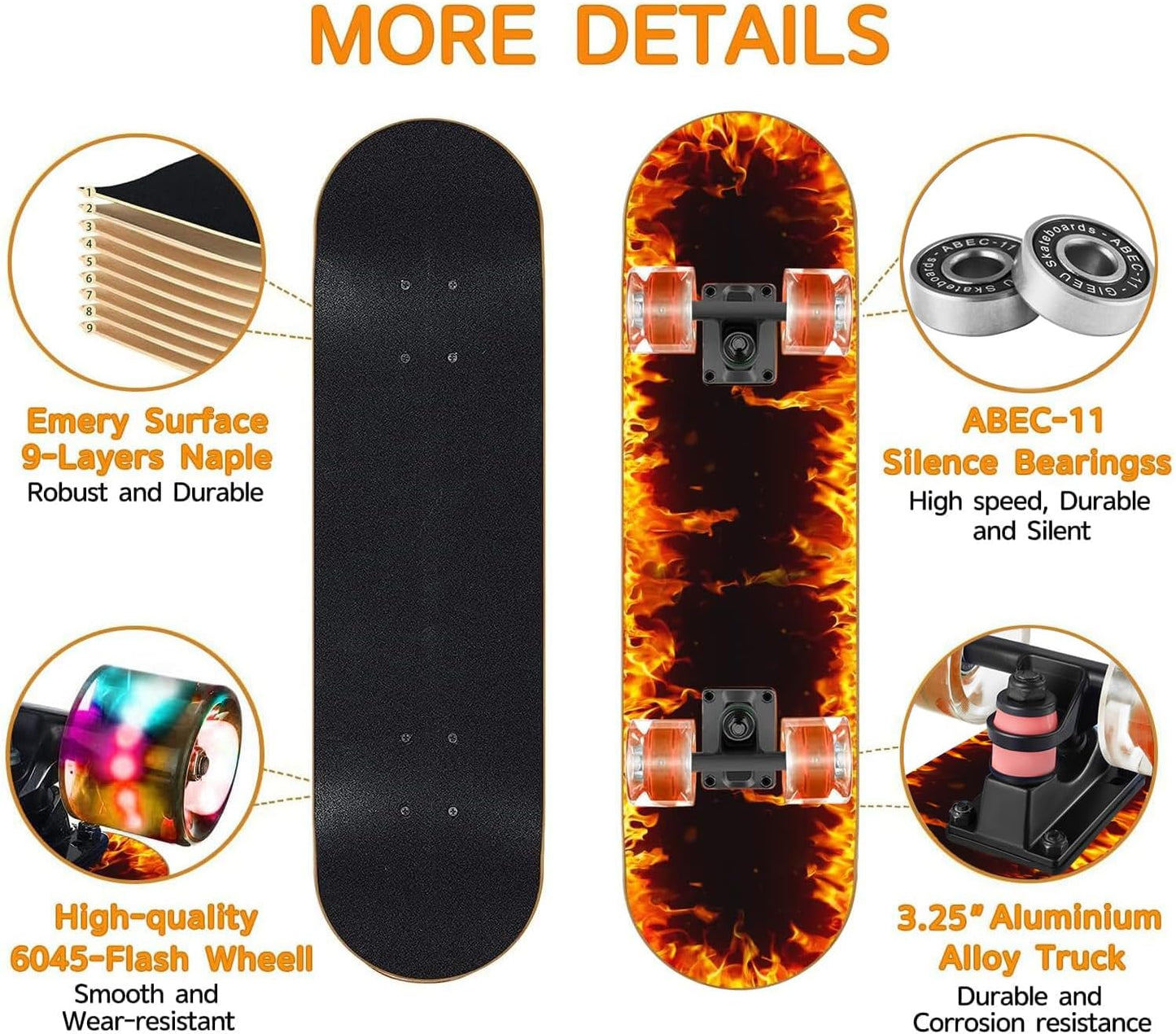 Skateboards with Colorful Flashing Wheels for Beginners,Kids,Teens,Adults, Complete Standard Skate Boards 9 Layer Canadian Maple Deck Concave Skateboard