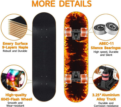Skateboards with Colorful Flashing Wheels for Beginners,Kids,Teens,Adults, Complete Standard Skate Boards 9 Layer Canadian Maple Deck Concave Skateboard