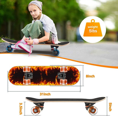 Skateboards with Colorful Flashing Wheels for Beginners,Kids,Teens,Adults, Complete Standard Skate Boards 9 Layer Canadian Maple Deck Concave Skateboard