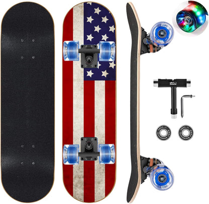 Skateboards with Colorful Flashing Wheels for Beginners,Kids,Teens,Adults, Complete Standard Skate Boards 9 Layer Canadian Maple Deck Concave Skateboard