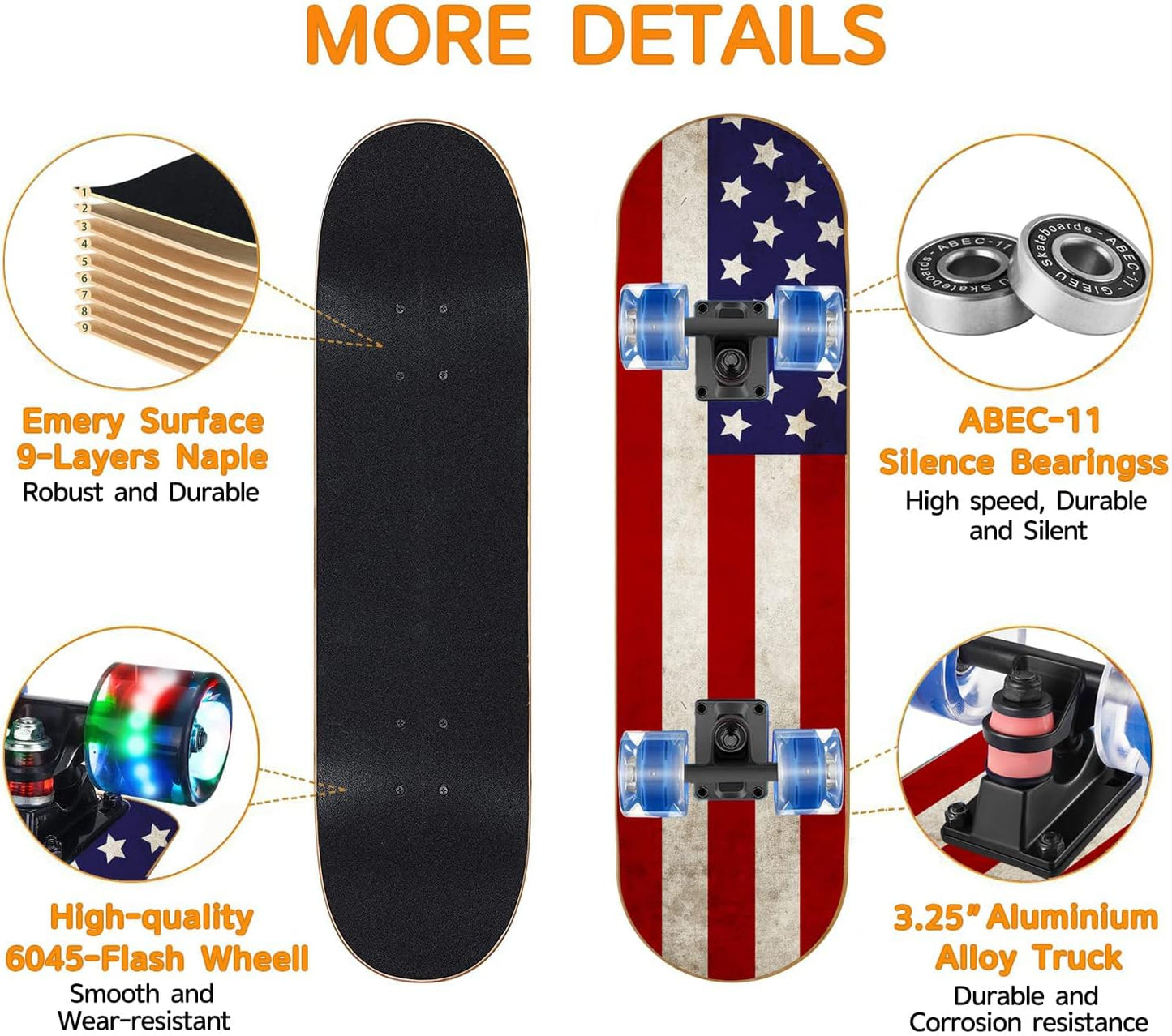 Skateboards with Colorful Flashing Wheels for Beginners,Kids,Teens,Adults, Complete Standard Skate Boards 9 Layer Canadian Maple Deck Concave Skateboard