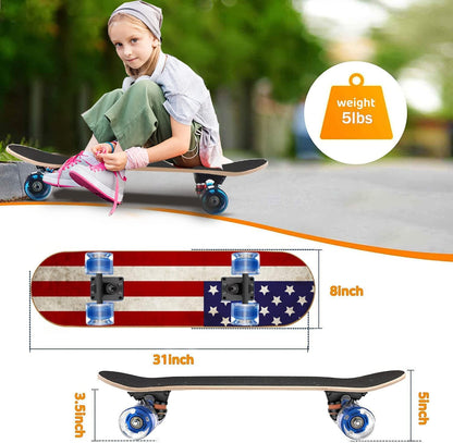 Skateboards with Colorful Flashing Wheels for Beginners,Kids,Teens,Adults, Complete Standard Skate Boards 9 Layer Canadian Maple Deck Concave Skateboard