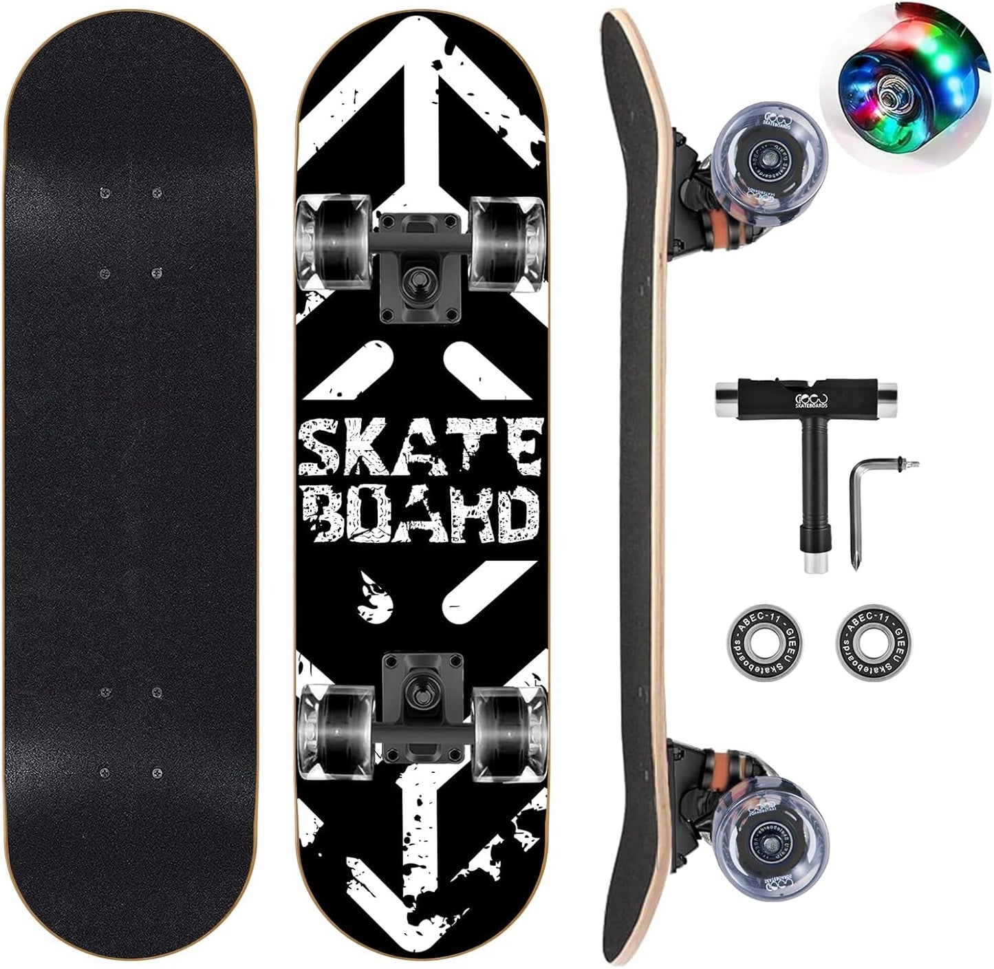 Skateboards with Colorful Flashing Wheels for Beginners,Kids,Teens,Adults, Complete Standard Skate Boards 9 Layer Canadian Maple Deck Concave Skateboard