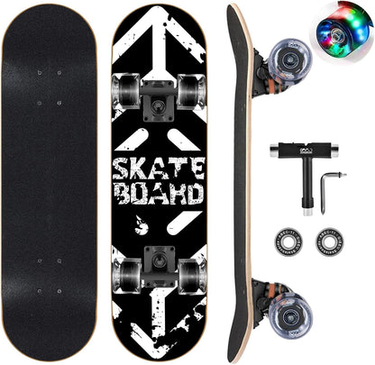 Skateboards with Colorful Flashing Wheels for Beginners,Kids,Teens,Adults, Complete Standard Skate Boards 9 Layer Canadian Maple Deck Concave Skateboard
