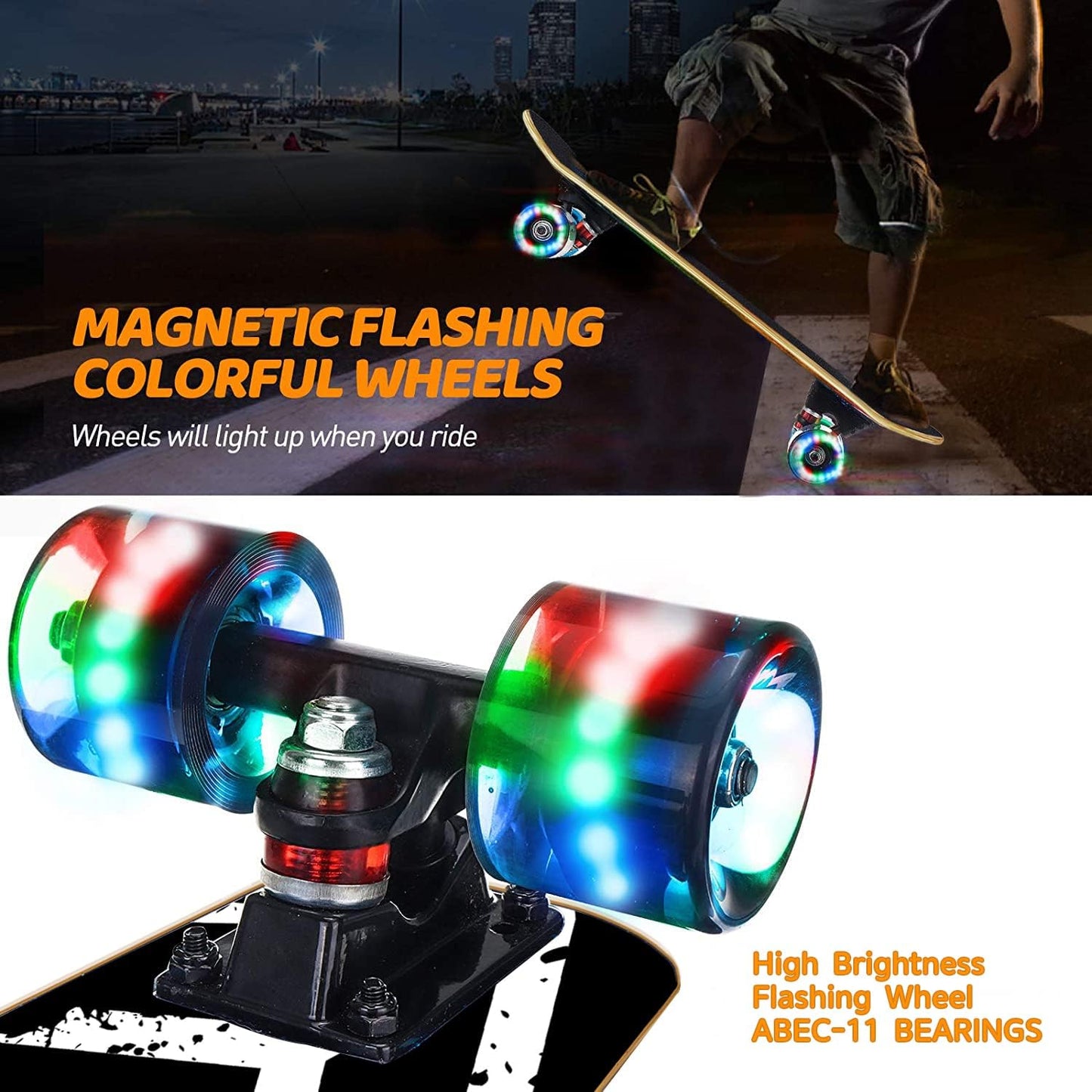 Skateboards with Colorful Flashing Wheels for Beginners,Kids,Teens,Adults, Complete Standard Skate Boards 9 Layer Canadian Maple Deck Concave Skateboard