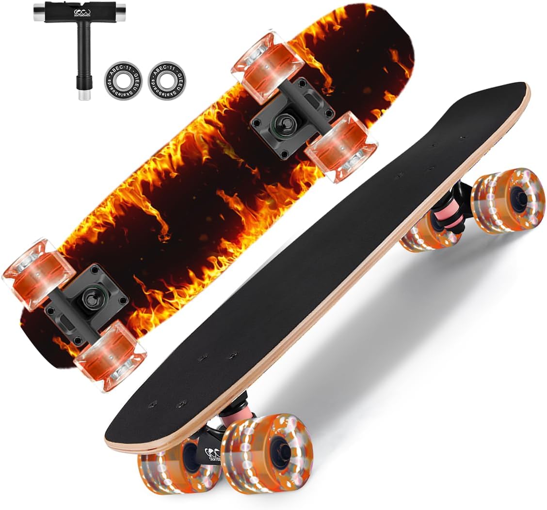 Skateboards with Colorful Flashing Wheels for Beginners,Kids,Teens,Adults, Complete Standard Skate Boards 9 Layer Canadian Maple Deck Concave Skateboard