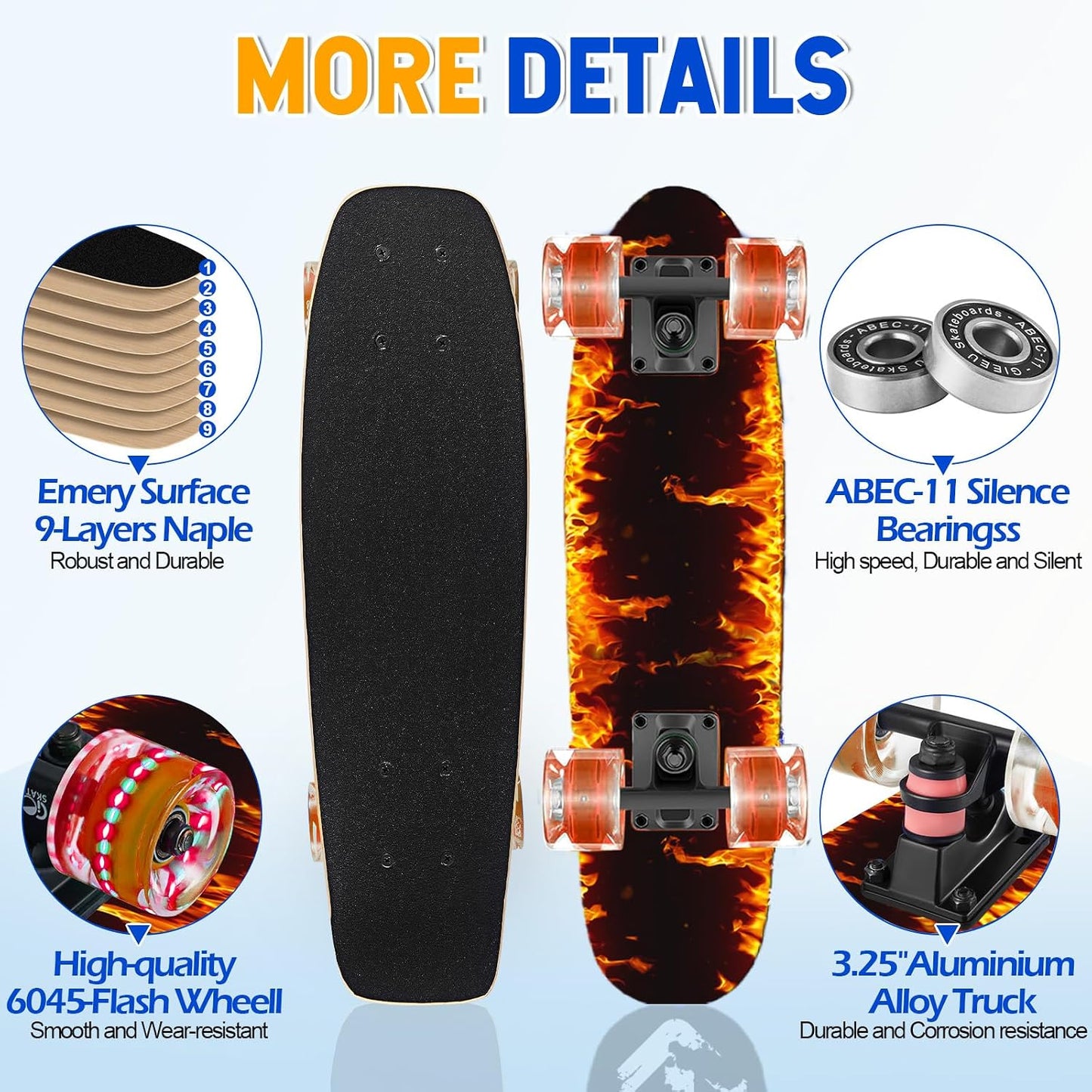 Skateboards with Colorful Flashing Wheels for Beginners,Kids,Teens,Adults, Complete Standard Skate Boards 9 Layer Canadian Maple Deck Concave Skateboard