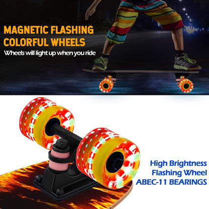 Skateboards with Colorful Flashing Wheels for Beginners,Kids,Teens,Adults, Complete Standard Skate Boards 9 Layer Canadian Maple Deck Concave Skateboard