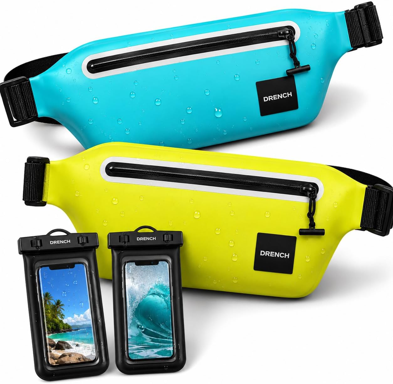 Waterproof Waist Pack Bundle – Blue + Yellow, 2 Waterproof Fanny Packs + 2 Floating Phone Pouches, IPX8 Waterproof Dry Bags for Lake, Beach, Boating & Travel