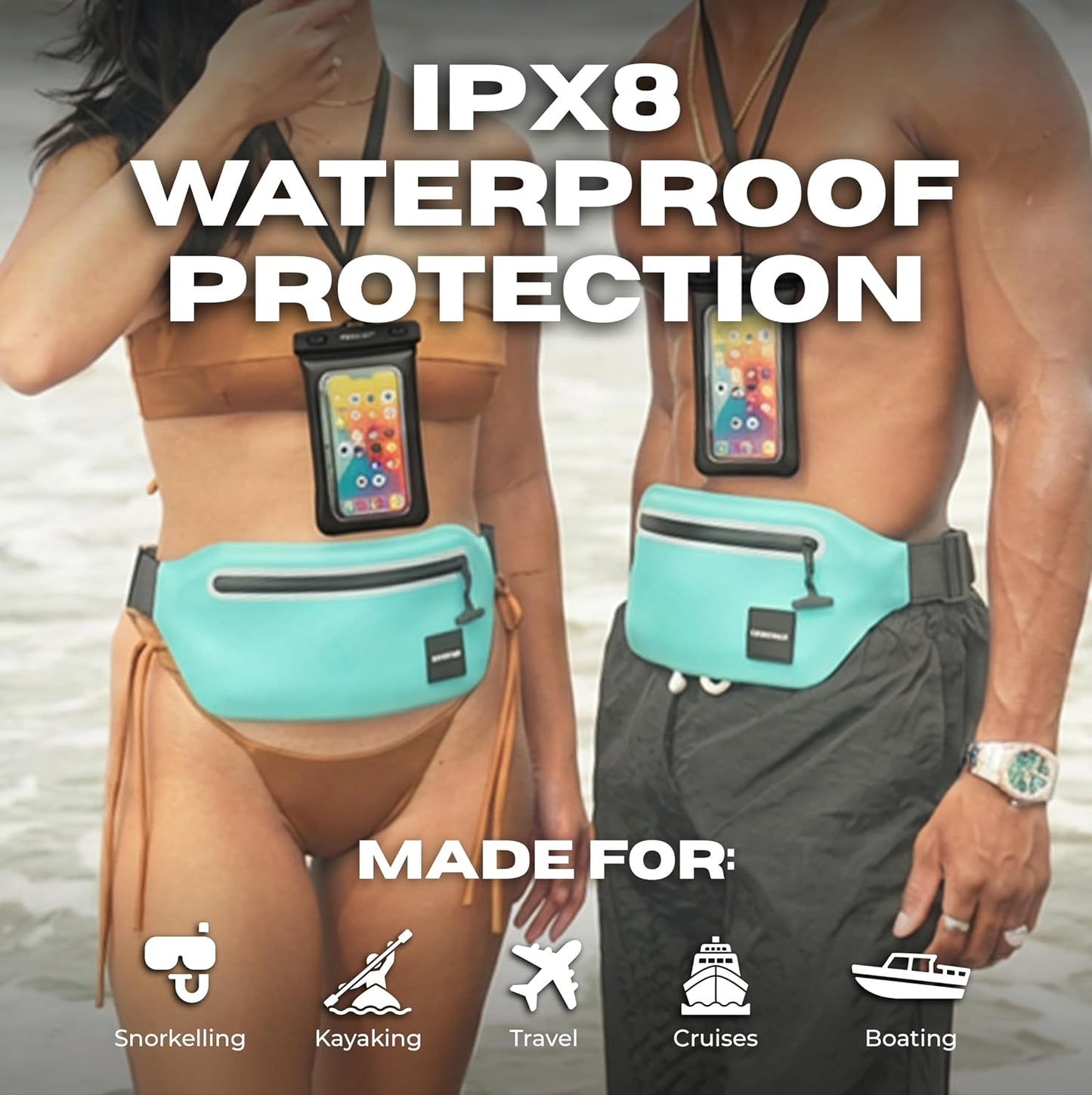 Waterproof Waist Pack Bundle – Blue + Yellow, 2 Waterproof Fanny Packs + 2 Floating Phone Pouches, IPX8 Waterproof Dry Bags for Lake, Beach, Boating & Travel