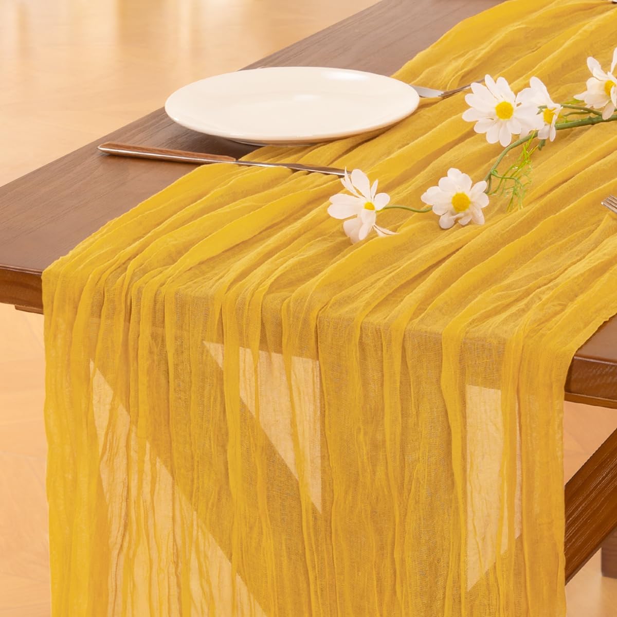 2pcs Gold Yellow Summer Cheesecloth Table Runner Boho Rustic Gauze 120 inch 10FT Cheese Cloth Sheer Runner for Wedding Party Baby Shower Birthday Home Decor Holiday Decorations