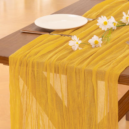 2pcs Gold Yellow Summer Cheesecloth Table Runner Boho Rustic Gauze 120 inch 10FT Cheese Cloth Sheer Runner for Wedding Party Baby Shower Birthday Home Decor Holiday Decorations