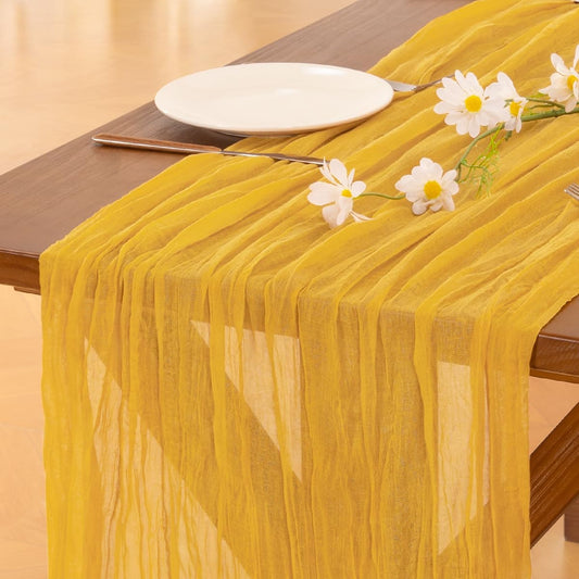 2pcs Gold Yellow Summer Cheesecloth Table Runner Boho Rustic Gauze 120 inch 10FT Cheese Cloth Sheer Runner for Wedding Party Baby Shower Birthday Home Decor Holiday Decorations
