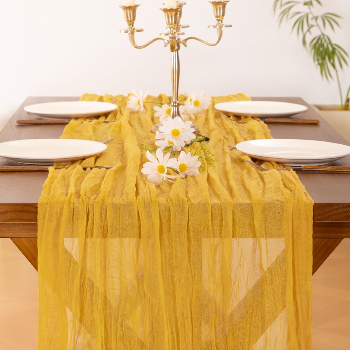 2pcs Gold Yellow Summer Cheesecloth Table Runner Boho Rustic Gauze 120 inch 10FT Cheese Cloth Sheer Runner for Wedding Party Baby Shower Birthday Home Decor Holiday Decorations