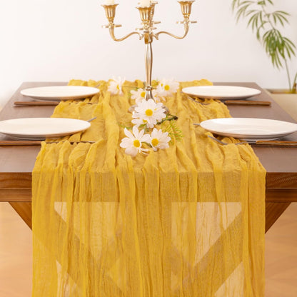 2pcs Gold Yellow Summer Cheesecloth Table Runner Boho Rustic Gauze 120 inch 10FT Cheese Cloth Sheer Runner for Wedding Party Baby Shower Birthday Home Decor Holiday Decorations