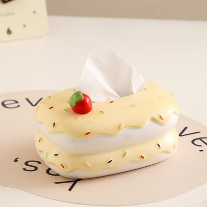 Cute Ceramic Tissue Box Cover, Cake Shaped Tissue Holder with Strawberry Decor, Decorative Paper Towel Dispenser for Home Living Room Bedroom Bathroom, Cute Tabletop Organizer (Yellow)