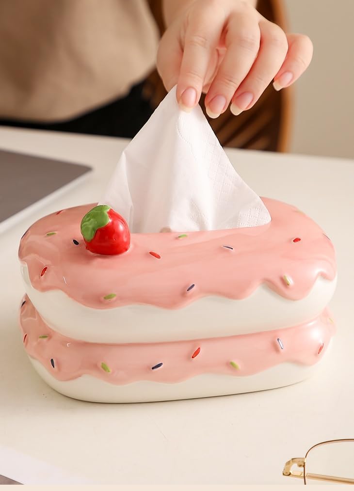 Cute Ceramic Tissue Box Cover, Cake Shaped Tissue Holder with Strawberry Decor, Decorative Paper Towel Dispenser for Home Living Room Bedroom Bathroom, Cute Tabletop Organizer (Yellow)