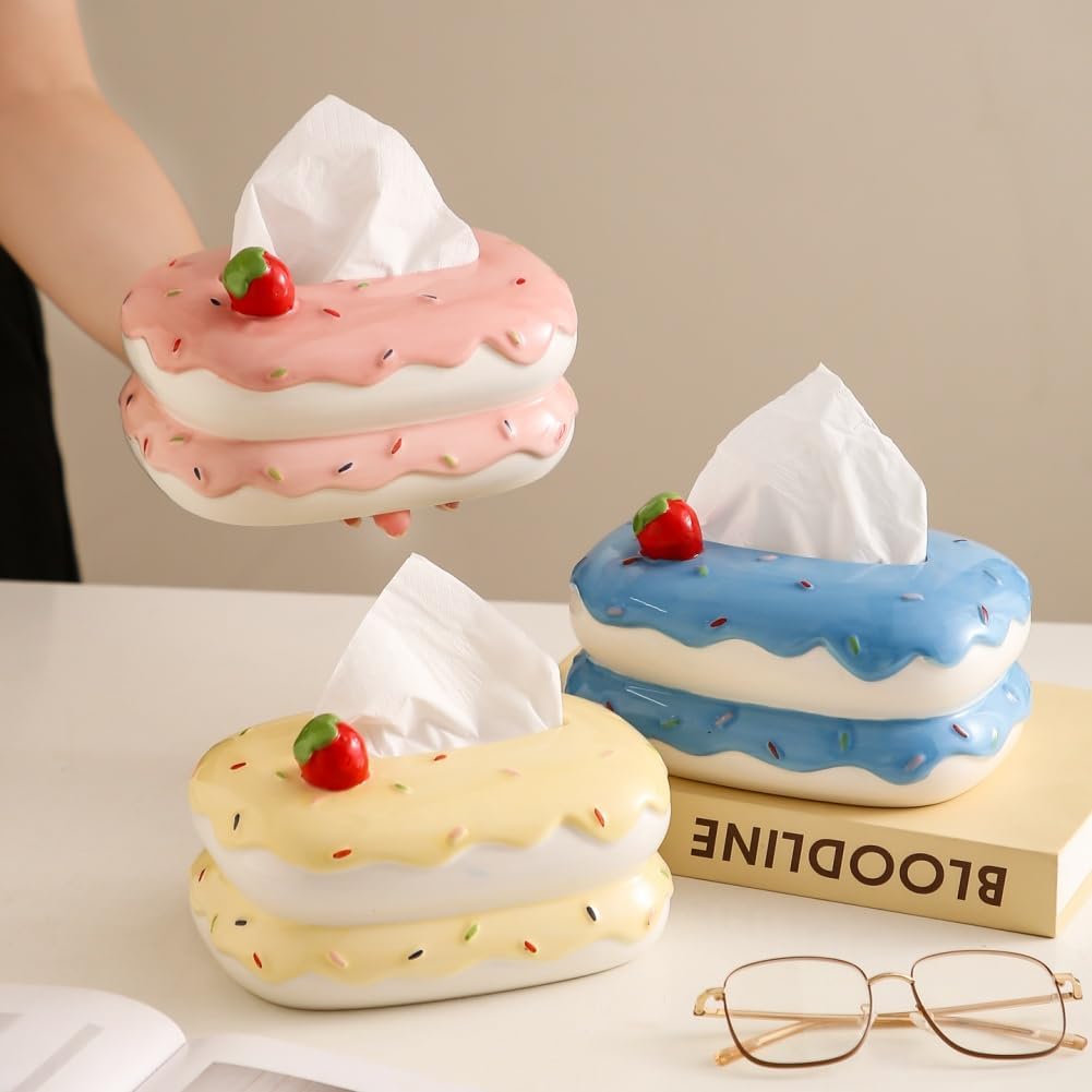 Cute Ceramic Tissue Box Cover, Cake Shaped Tissue Holder with Strawberry Decor, Decorative Paper Towel Dispenser for Home Living Room Bedroom Bathroom, Cute Tabletop Organizer (Yellow)