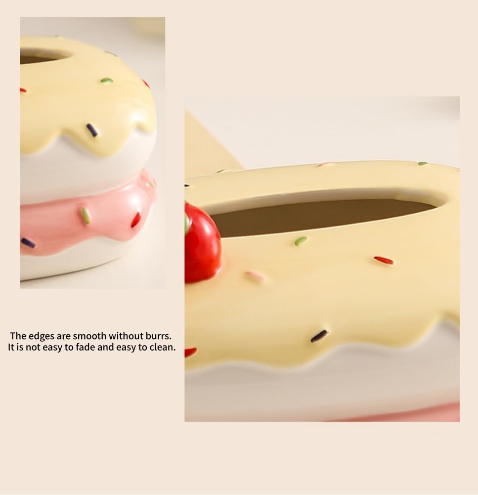 Cute Ceramic Tissue Box Cover, Cake Shaped Tissue Holder with Strawberry Decor, Decorative Paper Towel Dispenser for Home Living Room Bedroom Bathroom, Cute Tabletop Organizer (Yellow)