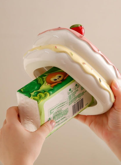 Cute Ceramic Tissue Box Cover, Cake Shaped Tissue Holder with Strawberry Decor, Decorative Paper Towel Dispenser for Home Living Room Bedroom Bathroom, Cute Tabletop Organizer (Yellow)