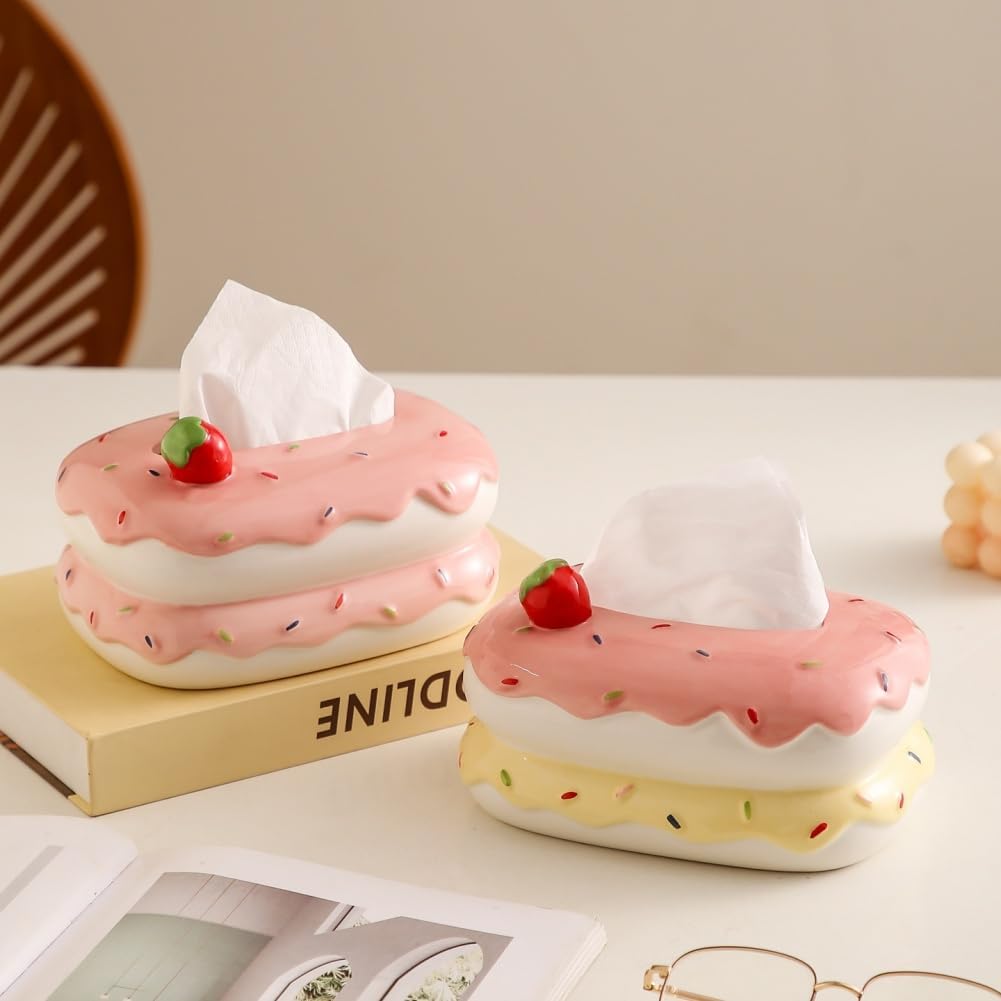 Cute Ceramic Tissue Box Cover, Cake Shaped Tissue Holder with Strawberry Decor, Decorative Paper Towel Dispenser for Home Living Room Bedroom Bathroom, Cute Tabletop Organizer (Yellow)