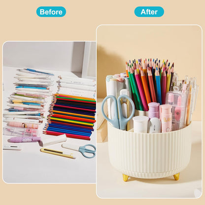 Desk Pencil Pen Holder, 5 Slots 360 Degree Rotating Pencil Pen Organizers for Desk Desktop Storage Stationery Supplies Organizer Cute Pen Cup for Office School Home Art Supply Cream Yellow