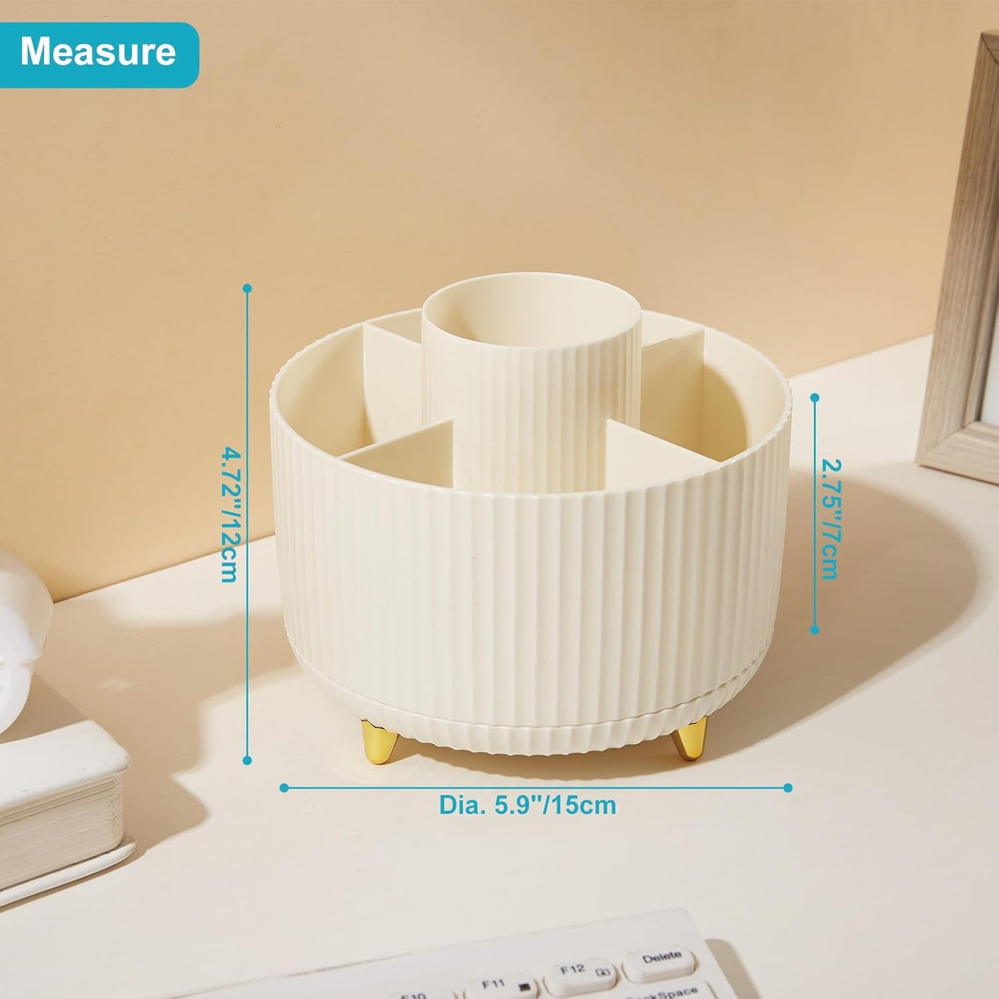 Desk Pencil Pen Holder, 5 Slots 360 Degree Rotating Pencil Pen Organizers for Desk Desktop Storage Stationery Supplies Organizer Cute Pen Cup for Office School Home Art Supply Cream Yellow