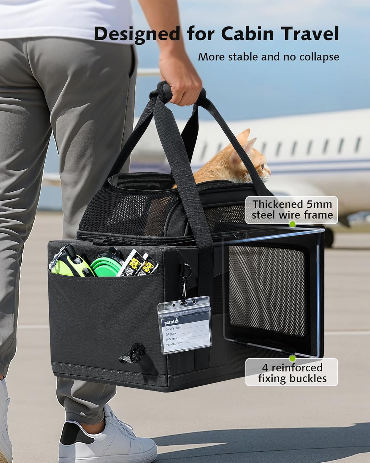 Expandable Airline Approved Pet Carrier for Cats & Dogs, Light Gray | Fits pets under 11 lbs, Under-seat airline approved, Anti-scratch mesh, Safety leash & locking zippers, Leakproof pee pad