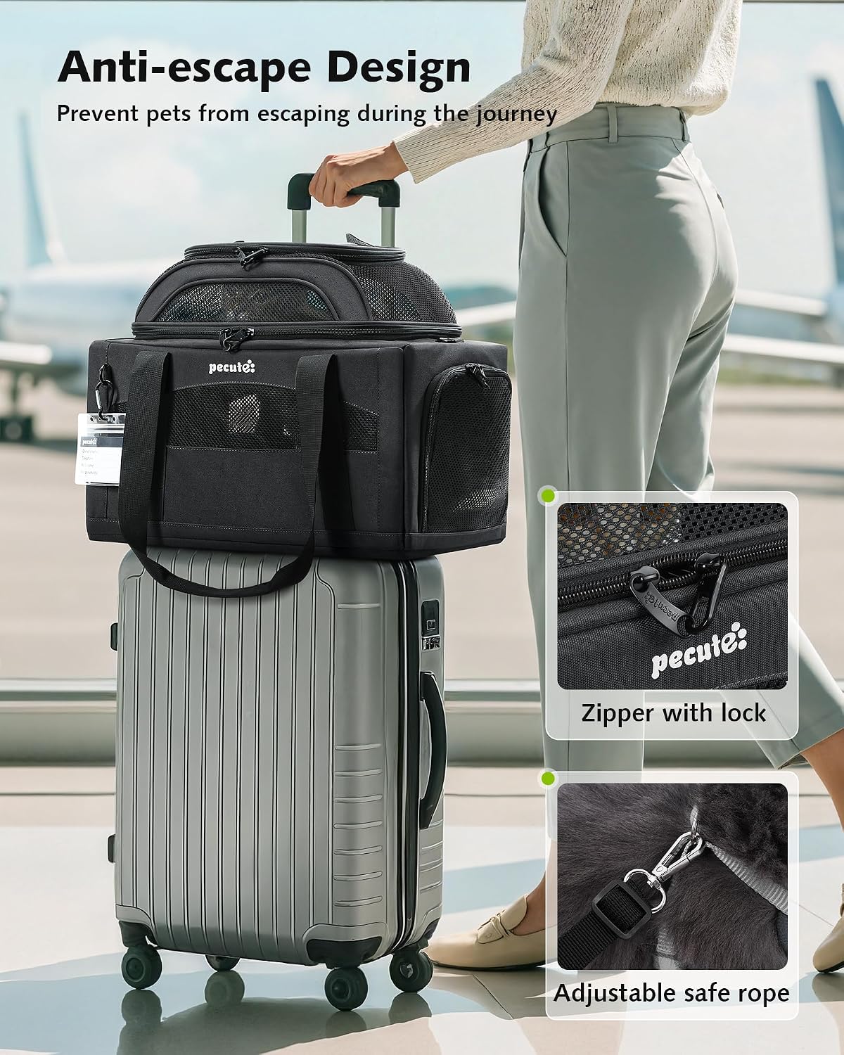 Expandable Airline Approved Pet Carrier for Cats & Dogs, Light Gray | Fits pets under 11 lbs, Under-seat airline approved, Anti-scratch mesh, Safety leash & locking zippers, Leakproof pee pad