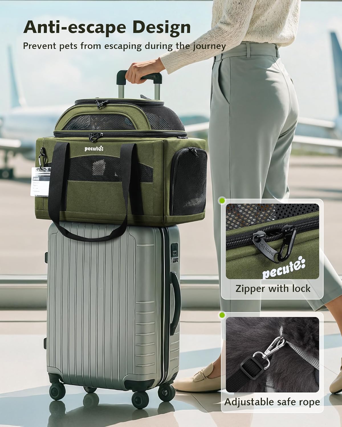 Expandable Airline Approved Pet Carrier for Cats & Dogs, Light Gray | Fits pets under 11 lbs, Under-seat airline approved, Anti-scratch mesh, Safety leash & locking zippers, Leakproof pee pad