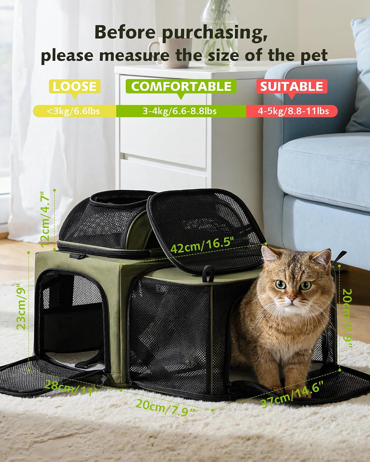 Expandable Airline Approved Pet Carrier for Cats & Dogs, Light Gray | Fits pets under 11 lbs, Under-seat airline approved, Anti-scratch mesh, Safety leash & locking zippers, Leakproof pee pad