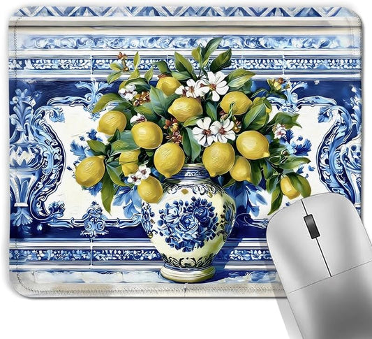 Italian Floral Lemon Square Mouse Pad, Blue and White Mediterranean Tiles Amalfi Coast Mousepad Mat for Home Office Computer Gaming Desk Accessories 9.5x7.9 in