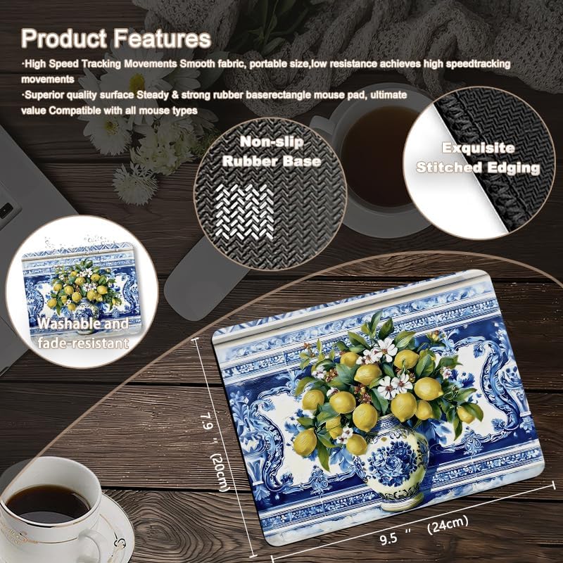 Italian Floral Lemon Square Mouse Pad, Blue and White Mediterranean Tiles Amalfi Coast Mousepad Mat for Home Office Computer Gaming Desk Accessories 9.5x7.9 in