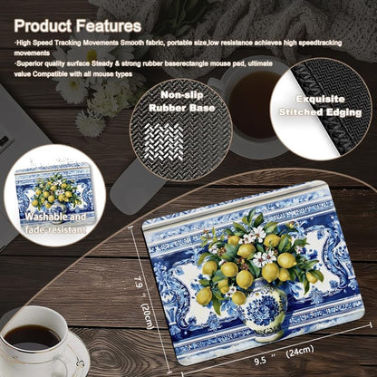 Italian Floral Lemon Square Mouse Pad, Blue and White Mediterranean Tiles Amalfi Coast Mousepad Mat for Home Office Computer Gaming Desk Accessories 9.5x7.9 in