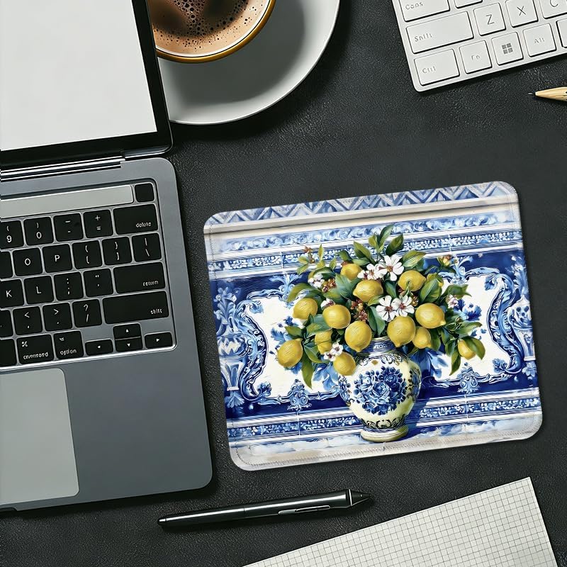 Italian Floral Lemon Square Mouse Pad, Blue and White Mediterranean Tiles Amalfi Coast Mousepad Mat for Home Office Computer Gaming Desk Accessories 9.5x7.9 in