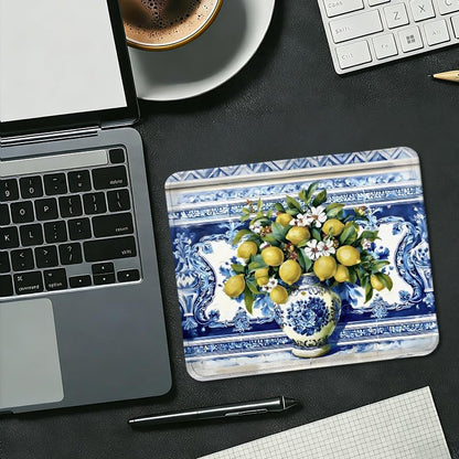 Italian Floral Lemon Square Mouse Pad, Blue and White Mediterranean Tiles Amalfi Coast Mousepad Mat for Home Office Computer Gaming Desk Accessories 9.5x7.9 in