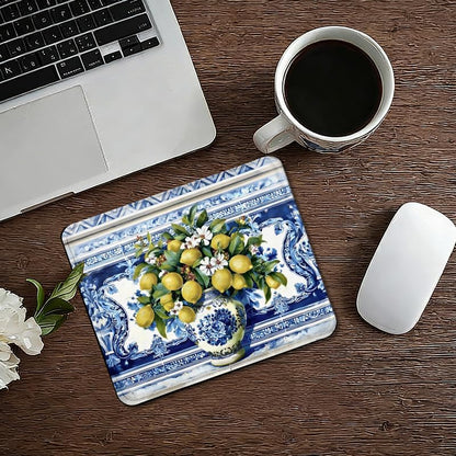 Italian Floral Lemon Square Mouse Pad, Blue and White Mediterranean Tiles Amalfi Coast Mousepad Mat for Home Office Computer Gaming Desk Accessories 9.5x7.9 in