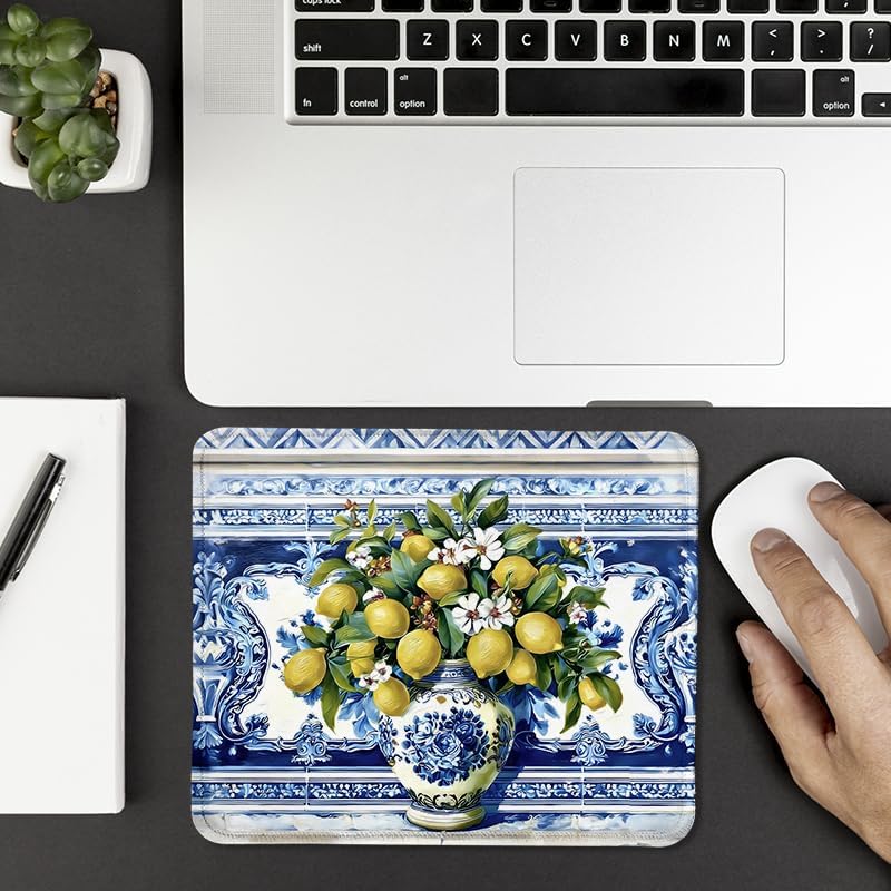 Italian Floral Lemon Square Mouse Pad, Blue and White Mediterranean Tiles Amalfi Coast Mousepad Mat for Home Office Computer Gaming Desk Accessories 9.5x7.9 in