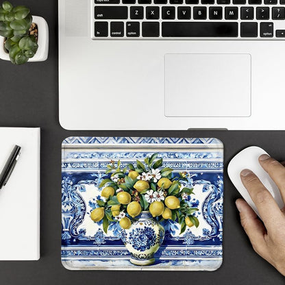 Italian Floral Lemon Square Mouse Pad, Blue and White Mediterranean Tiles Amalfi Coast Mousepad Mat for Home Office Computer Gaming Desk Accessories 9.5x7.9 in